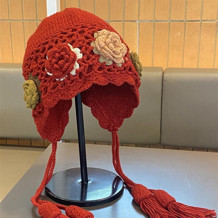 Handwoven double-layer flower wool hat women's autumn and winter warm versatile pullover hat travel fringed knitted hat
