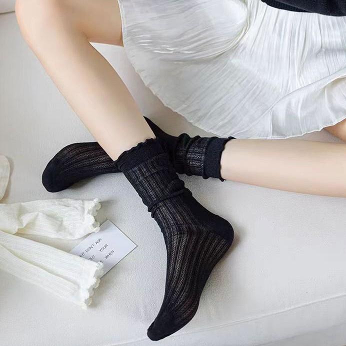 Summer Solid Color Mesh Middle Tube Women Socks Lightweight Breathable Fashion Versatile Ruffle Ballet Style Lolita Girls Socks