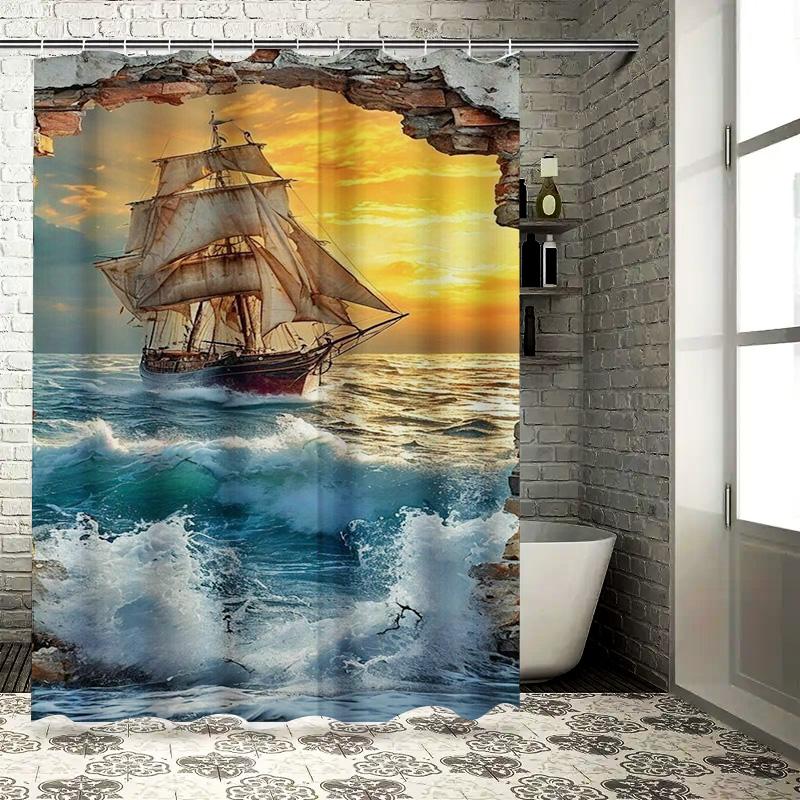 

3D Эффект Парусник Шторка для душа - Сцена моря и заката, Водонепроницаемый Декор для ванной комнаты с яркими цветами и детализированным дизайном 90X180cm(35x70in)