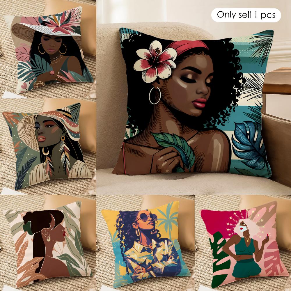 African Black Girls Fashion Cushion Cover Silky Short Plush Invisible Zipper Dustproof Sofa Pillow Case for Home Decor
