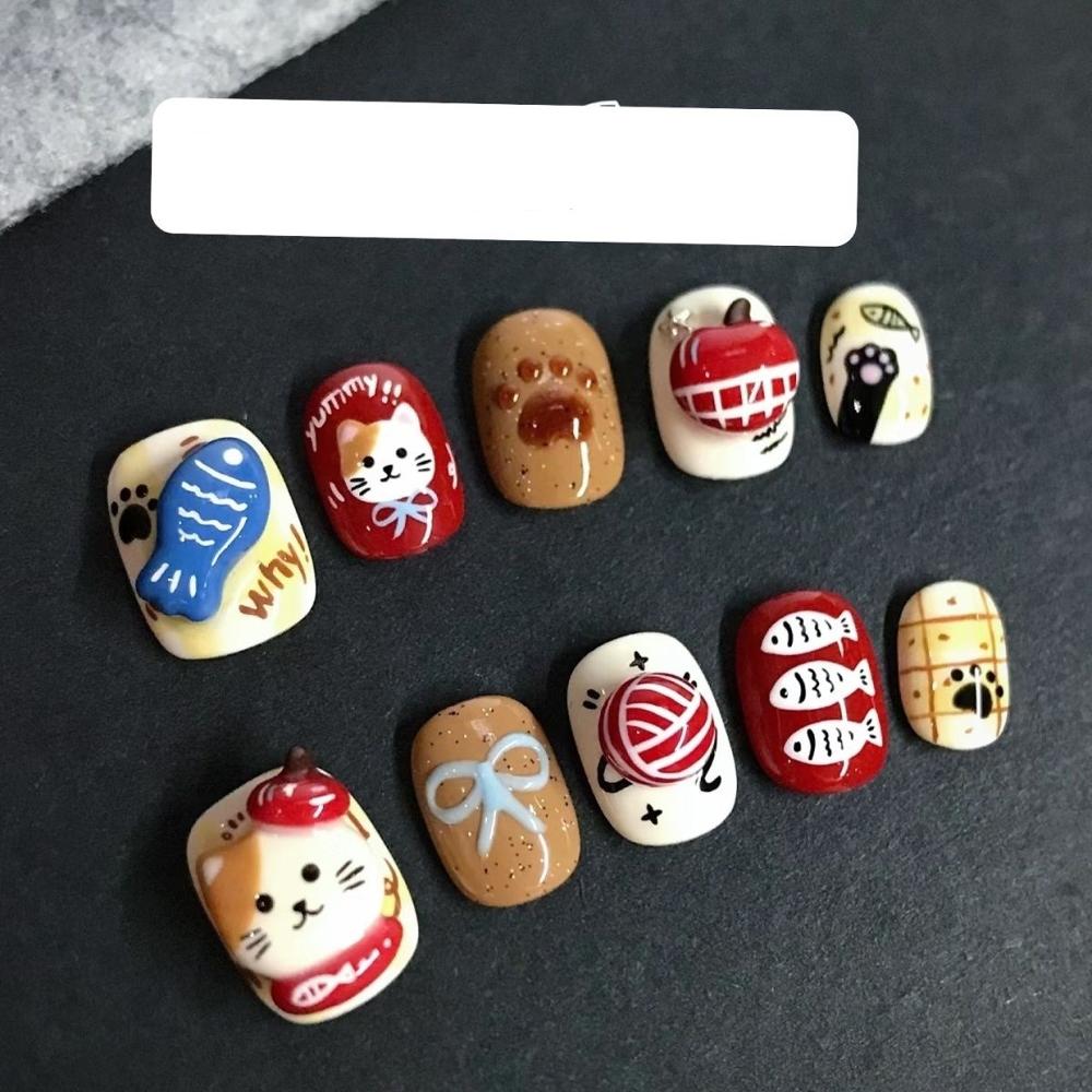 Cartoon Rilakkuma Short Square Round Handmande False Nails Cute Animal Bear Cat Dog Strawberry Bow Press On Nails Christmas Gift