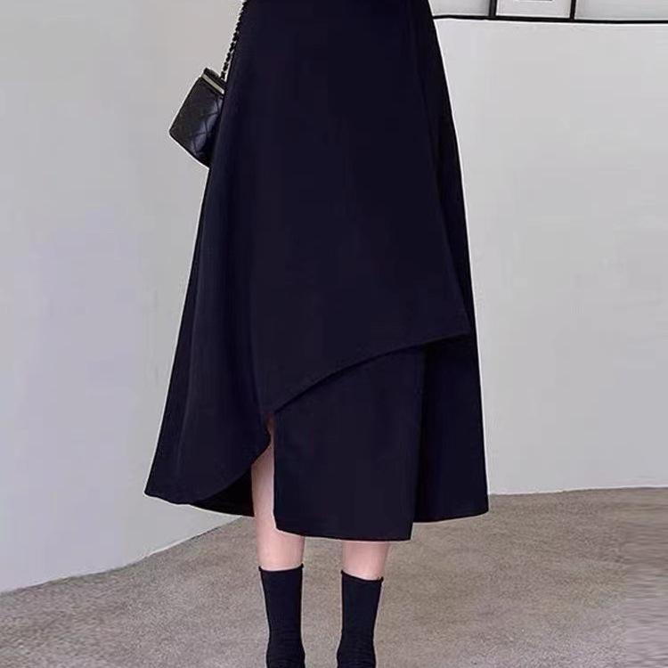 Black A-Line High Waist Plus Size Mid-Length Skirt for Women - Spring/Autumn Casual Irregular Umbrella Design