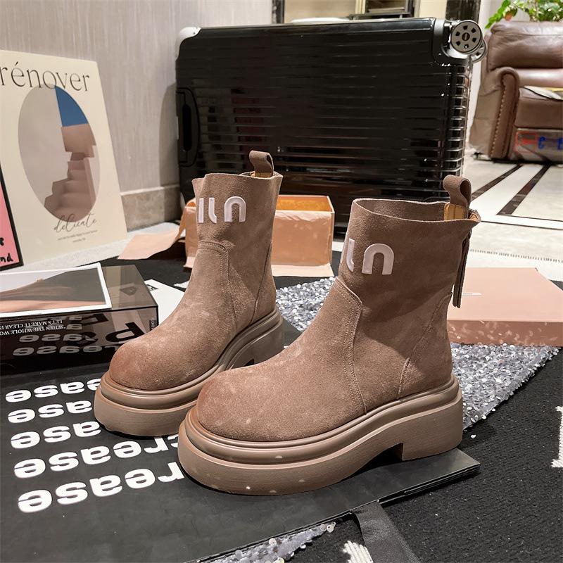 Platform Martin Boots Women's Shoes Fur Letter Cigarette Boots Chelsea Boots Muffin Locomotive Short Boots Tooling Rhubarb Boots
