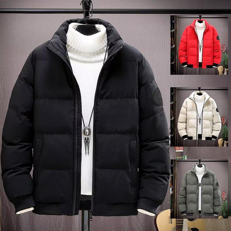 Men's Windproof Stand Collar Cotton Jacket: Autumn/Winter Trendy Streetwear, Thickened for Warmth and Cold Protection.