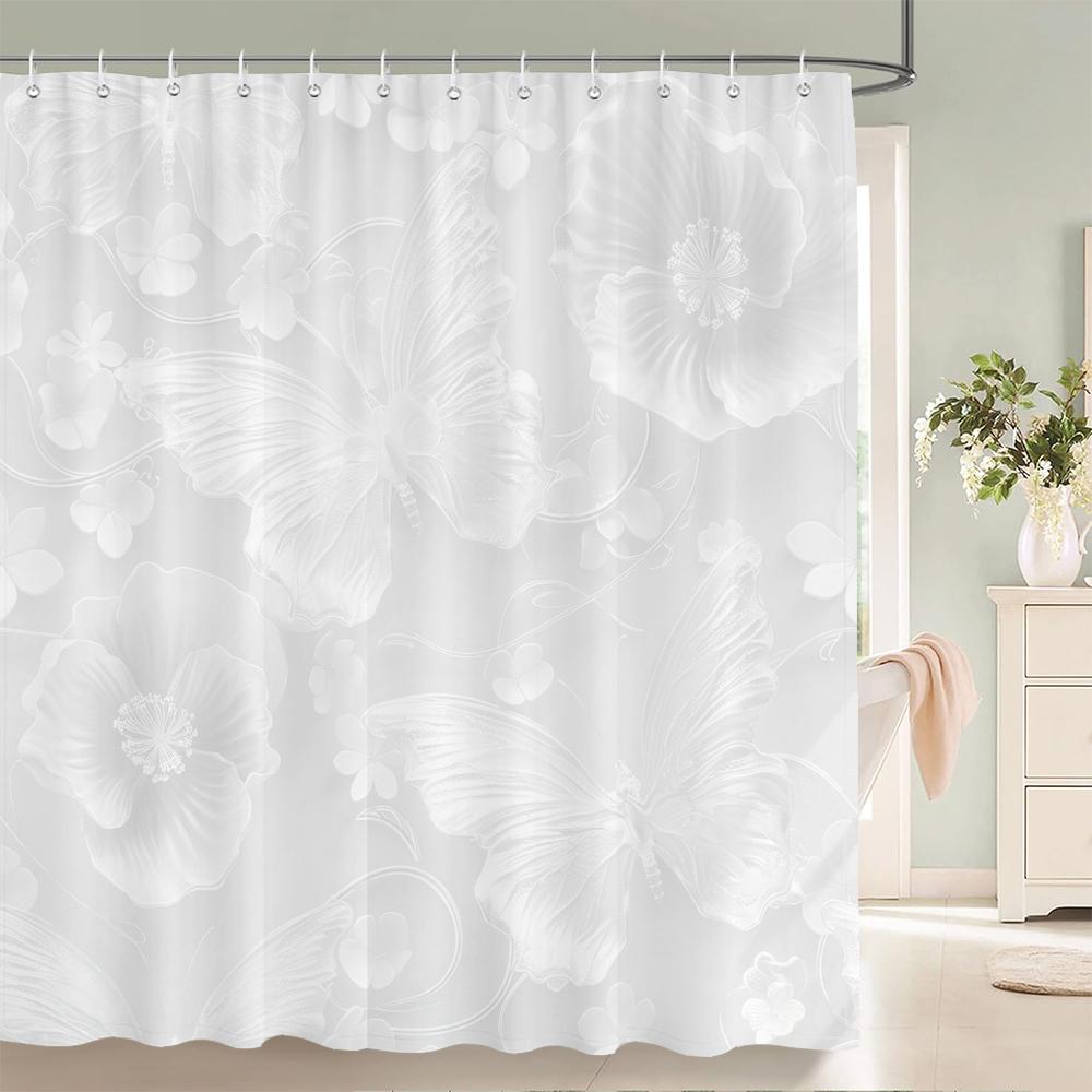 

Beautiful And White Flowers Shower Curtains Waterproof Fabric Floral Bath Curtains For Bathroom Bathtub Bathing Cover With Hooks W60H190(CM)-1 Pcs