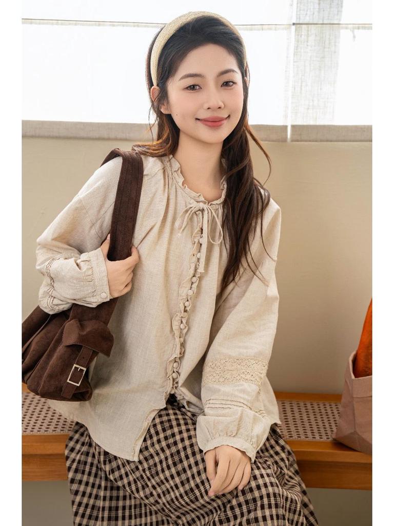 Forest Girl Lace Collar Puff Sleeve Cotton-Linen Cardigan