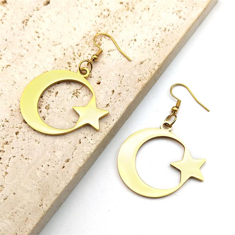 Muslim Islam Moon Star Stainless Steel Hoop Earrings for Women Gold Color Dangle Earrings Amulet Jewelry Party Gift 7615
