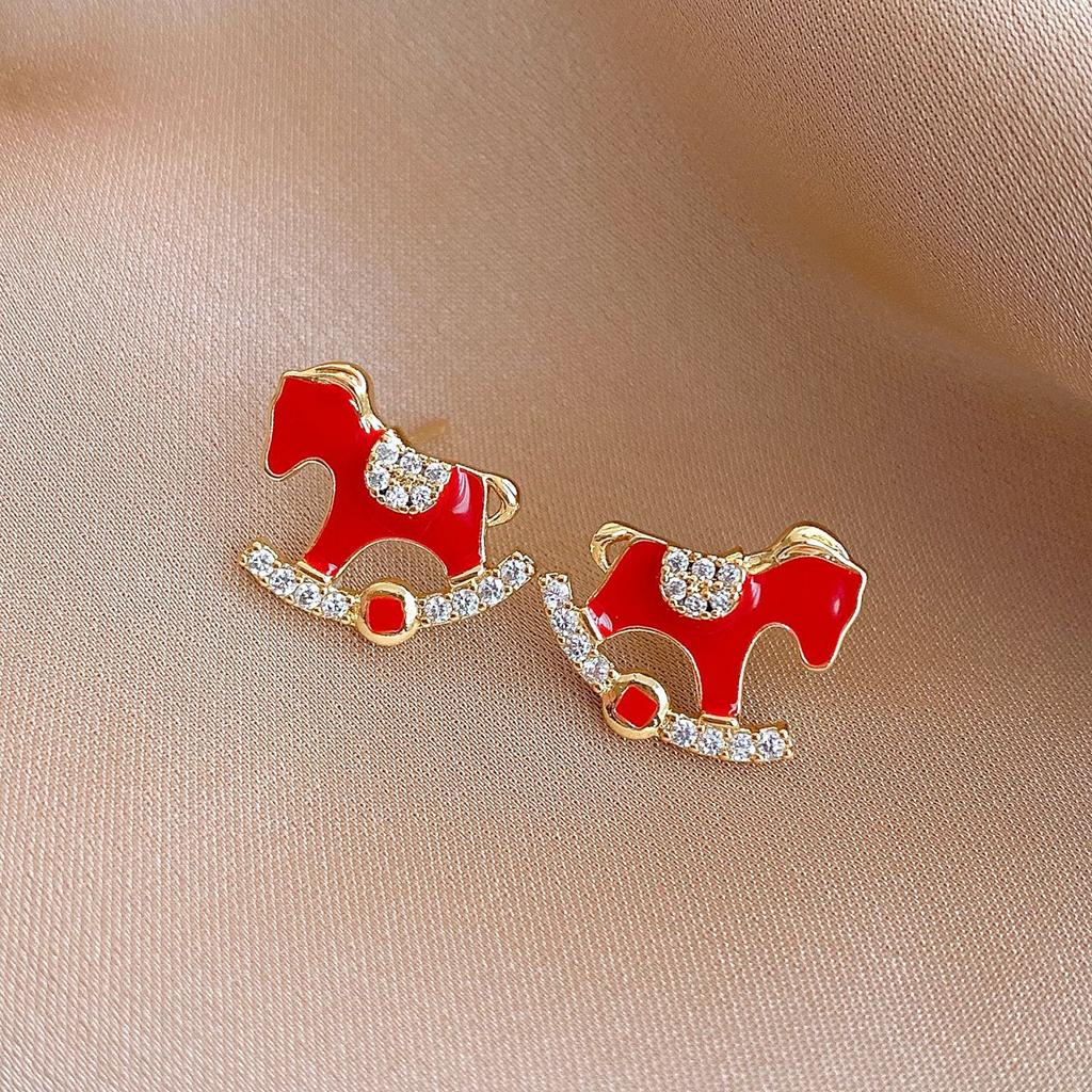 18k Real Gold Electroplated Red Oil Dripping Zircon Pony Stud Earrings Natal Year Earrings New Chinese Niche Earrings