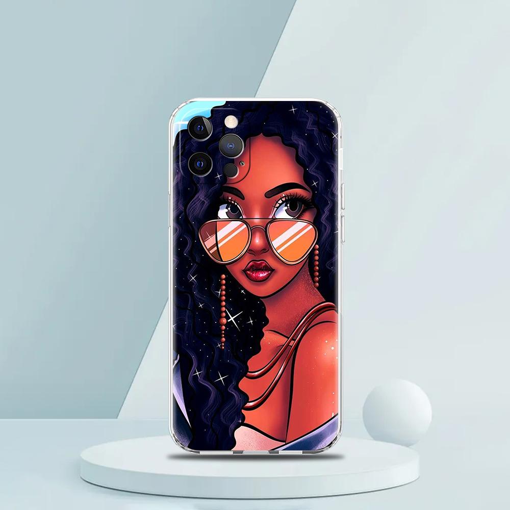 Fashion Black Girl Phone Case for iPhone 16 15 14 13 12 Pro Max Transparent TPU for iPhone 11 Pro Max 7 8 Plus XS XR Shell Capas