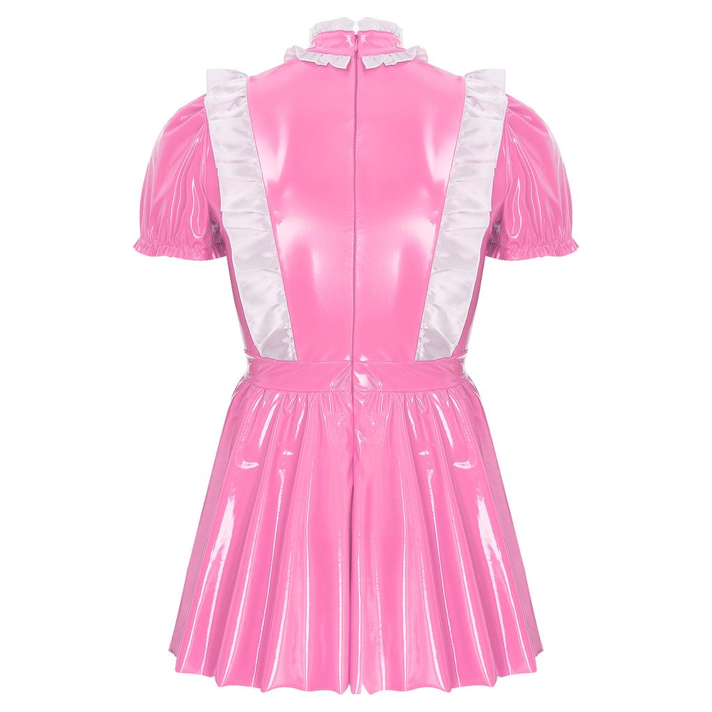 Mens Sissy Maid Dress Ruffles Trims Bow Apron Puff Sleeve A-Line Dress
