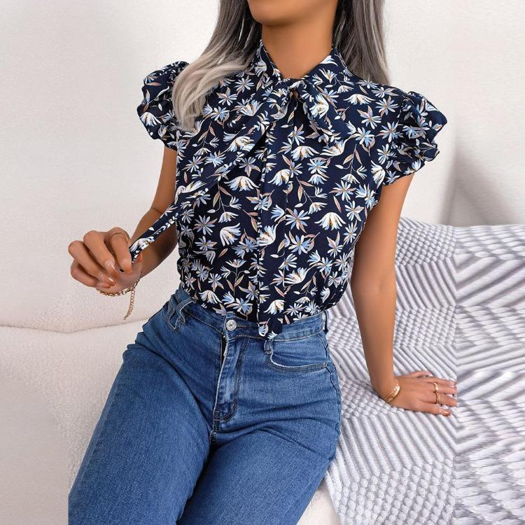 Damen Sommer Chiffon Bluse Floral Schnürung Schleife Holzohr Hemd