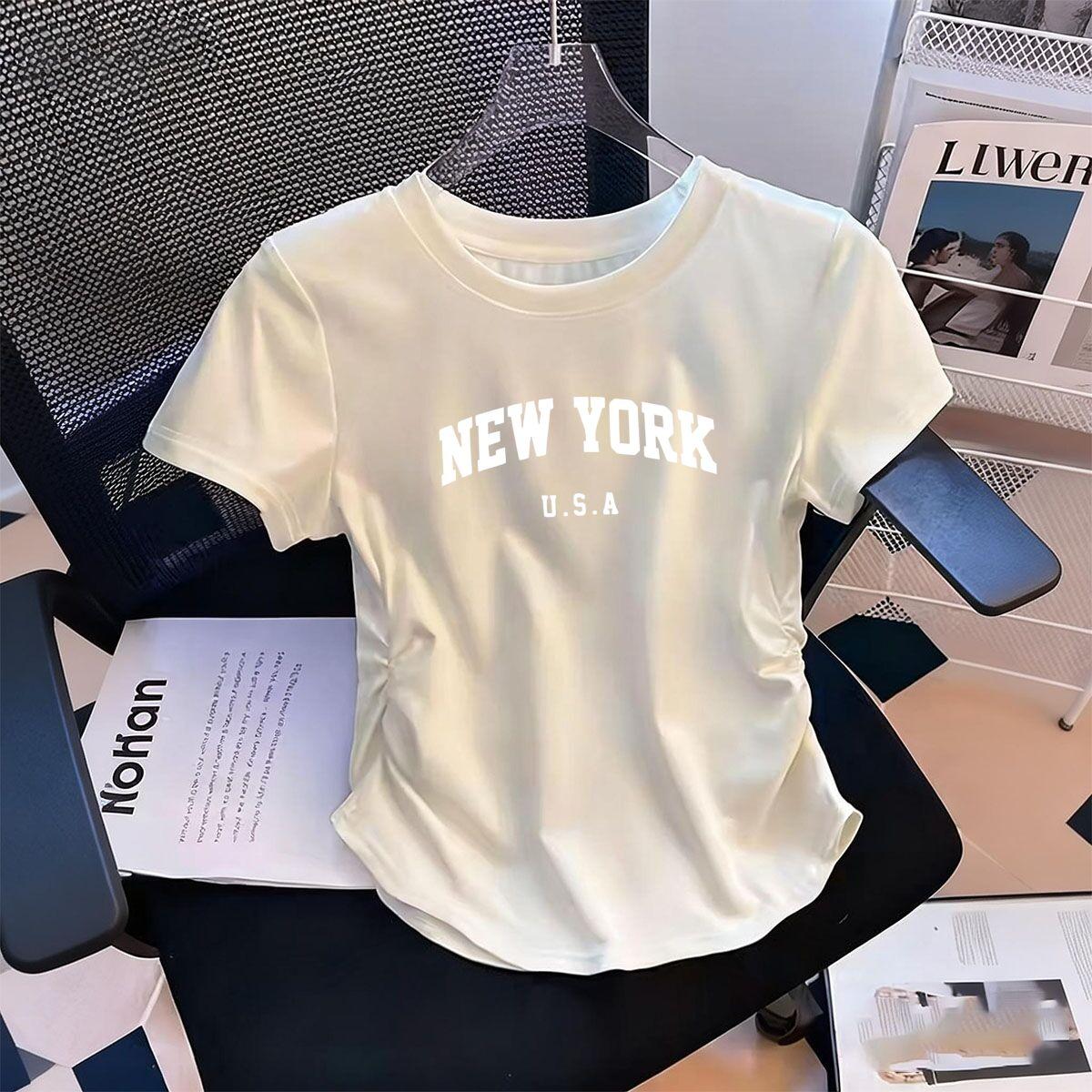 

Womens WaistDefining Elastic T Shirt New York USA printed Short Sleeve Round Neck top tee Graphic tshirts S