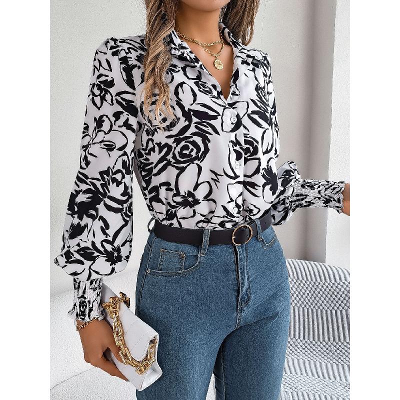 2026 Spring/Summer Elegant Contrast Color Floral Lantern Sleeve Turn-down Collar Shirt Casual Breathable Women's Top