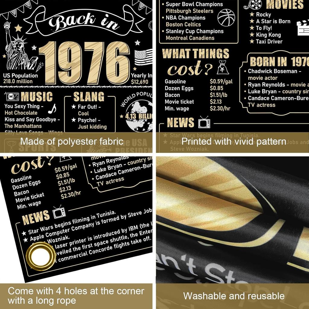 50th Birthday Decorations Back In 1976 Door Banner for Men Women, Black Gold Happy 50 Birthday Door Cover Party Supplies, Fifty Year Old Bday