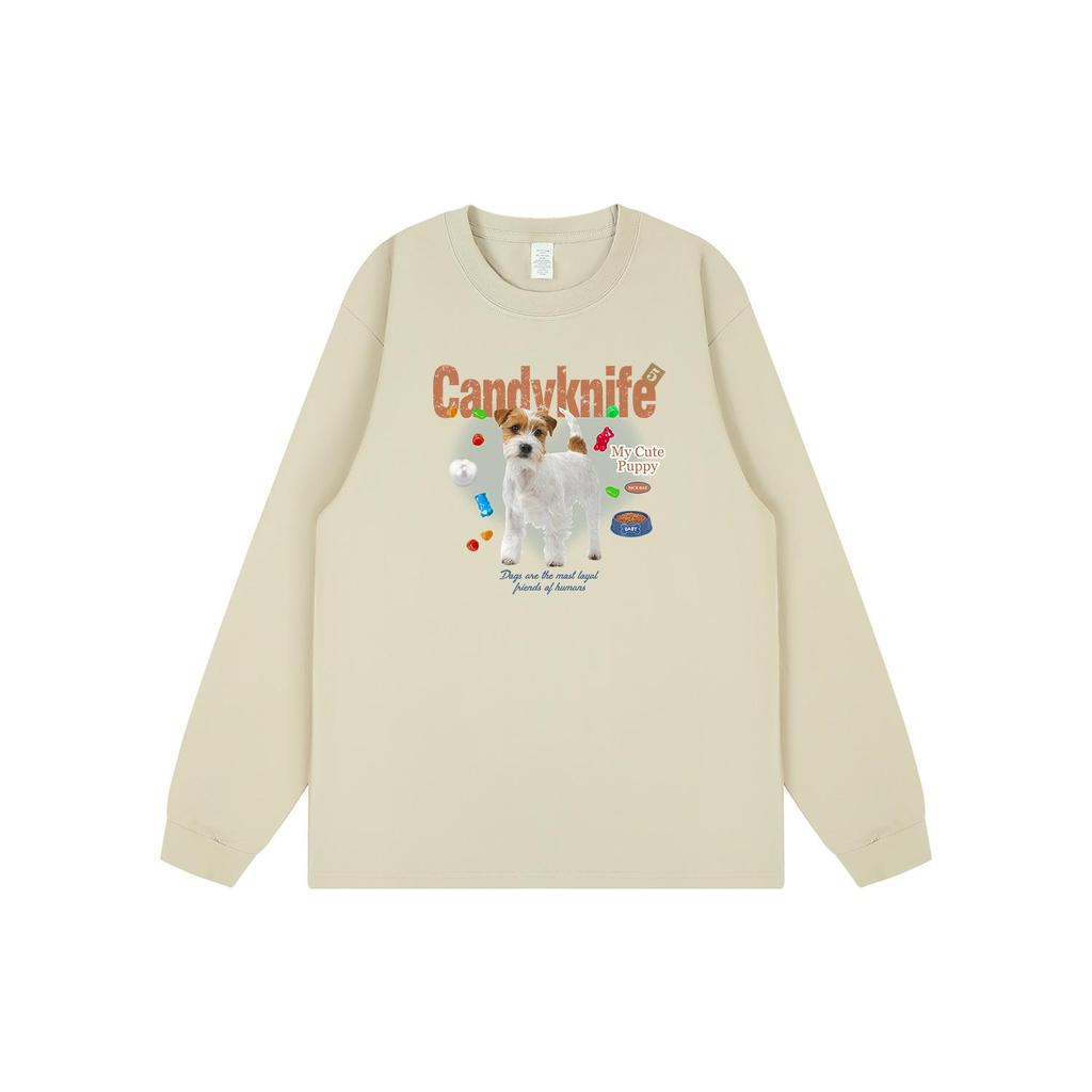 Korean Style Quirky Puppy Print Cuffed Long Sleeve Cotton T-Shirt for Couples - Autumn/Winter