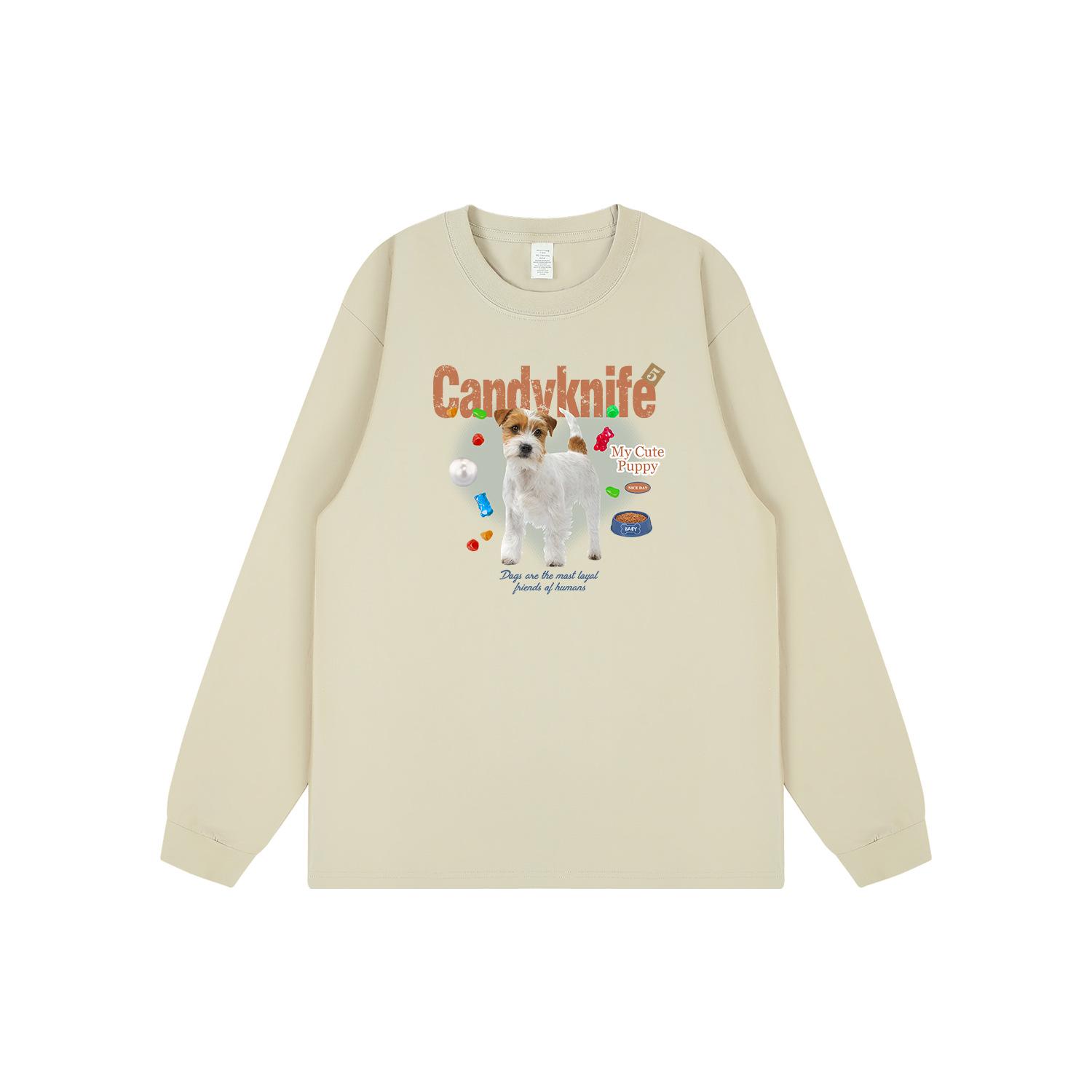 

Korean Style Quirky Puppy Print Cuffed Long Sleeve Cotton T-Shirt for Couples - Autumn/Winter 3XL льняной