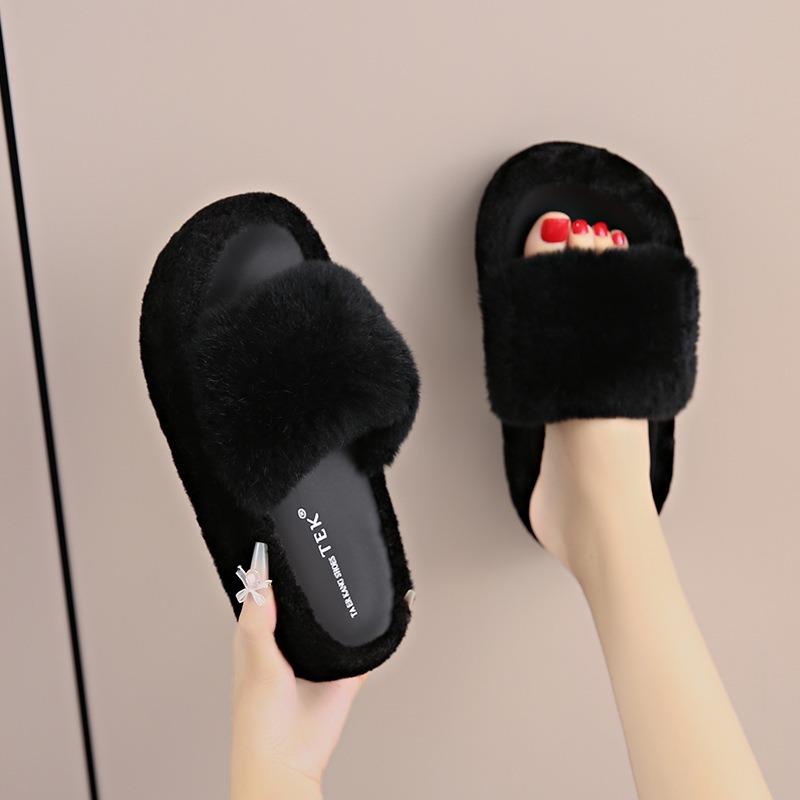 Thick-soled outer wear fluffy slippers women's autumn new one-word home plush slippers open-toed cotton slippers