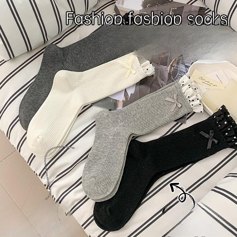 Polka Dot Lace Bow Tie Women's Mid-calf Socks Spring and Autumn Edition Ballet-style Girls' Long Calf Socks