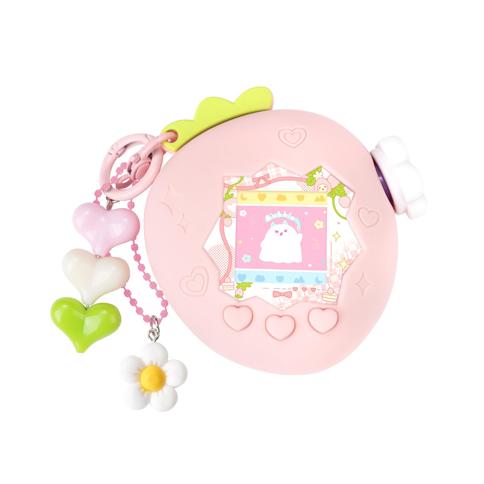 

BUBBLELOGUS Чохол для Tamagotchi Paradise Силіконова захисна накладка для Tamagotchi з брелоком-колесом масштабування Наклейки Повністю пилозахисний Полуничний Край (для Раю) рожевий