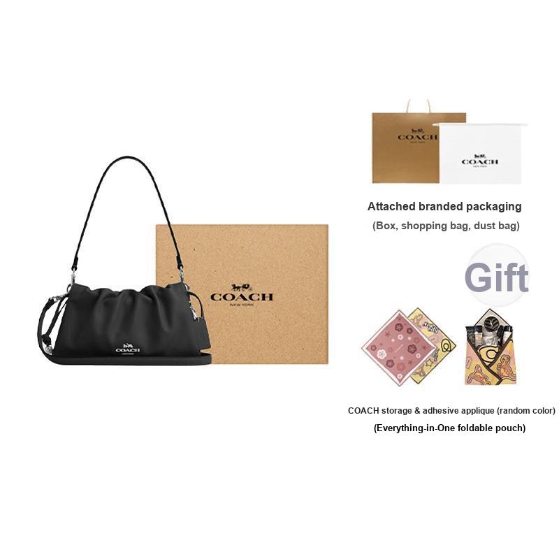 Coach Faye 26 Logo Drawstring Magnetic Closure Leather Cloud Bag Women Handbags Black CV529-SVBK