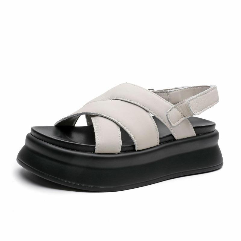 Fashion 5cm Sheepskin Leather Women Sandals Slippers Flats Summer Platform Wedge Flats Mary Jane Shoes Luxury Hook Peep Toe