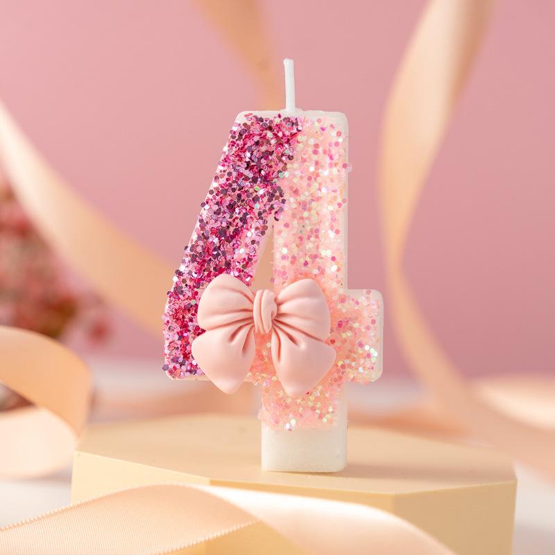 Creative Sequin Pink Bow Color Block Candle Anniversary Digital Birthday Cake Candle Decoration