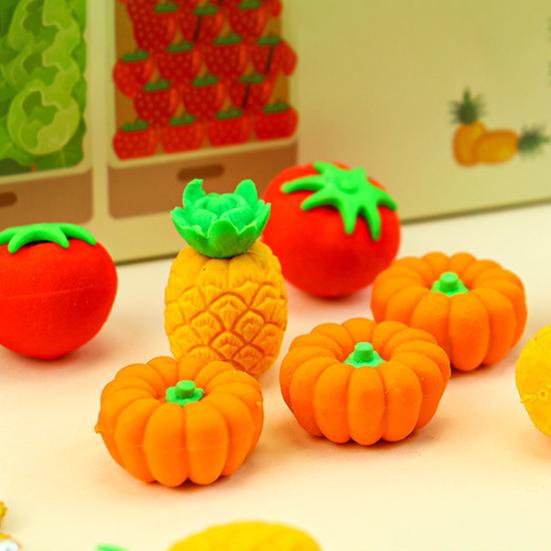 12 Stück Obst-Gemüse-Radiergummi Set Mini 3D Zitrone Tomate Aubergine Bleistift Radiergummi für Klassenzimmerpreise Geschenke Zubehör Schulanfang Partygeschenke