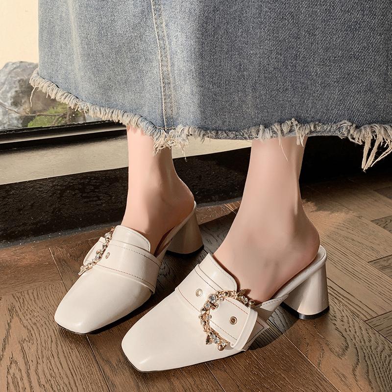 

Fashion Baotou High Heels Summer New Square Head Rivets Metal Buckle Set Foot Anti-slip Wear-resistant Thick Heel Shoes 35