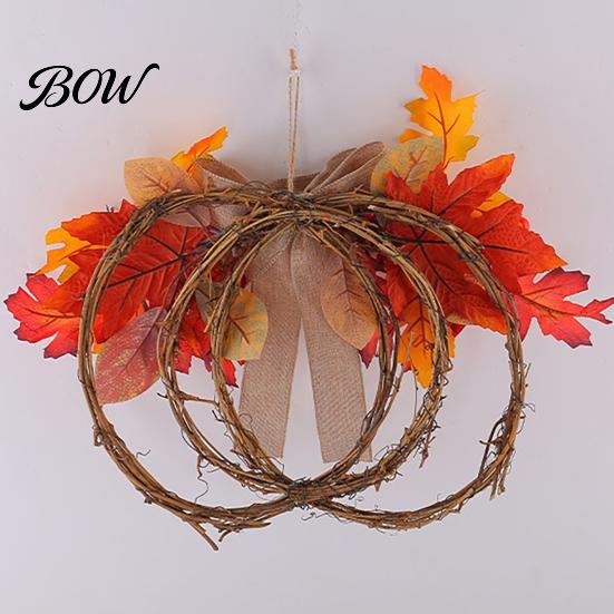 Linen Bow Wreath Fall Artificial Maple Leaf for Front Door, Thanksgiving Rattan Garland with Berries And Burlap Autumn Harvest Door Wall Hanging Decor