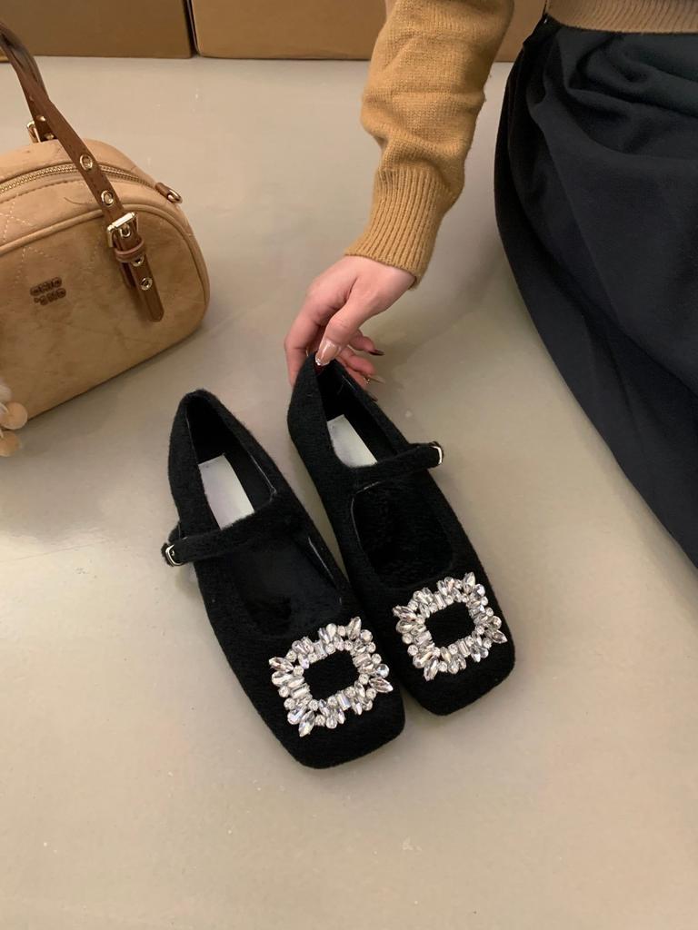 Evening Xiaoxiangfeng Square Diamond Word with Gray Velvet Small Single Shoes Soft Sole Warm Fluffy Mary Jane Cotton Shoes