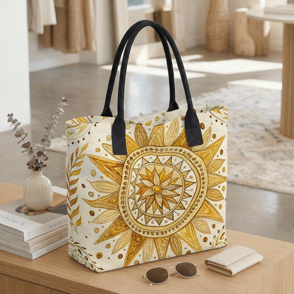  Boho Sun Print Tote Bag Large Capacity Casual Canvas Shoulder Bag for Daily Use