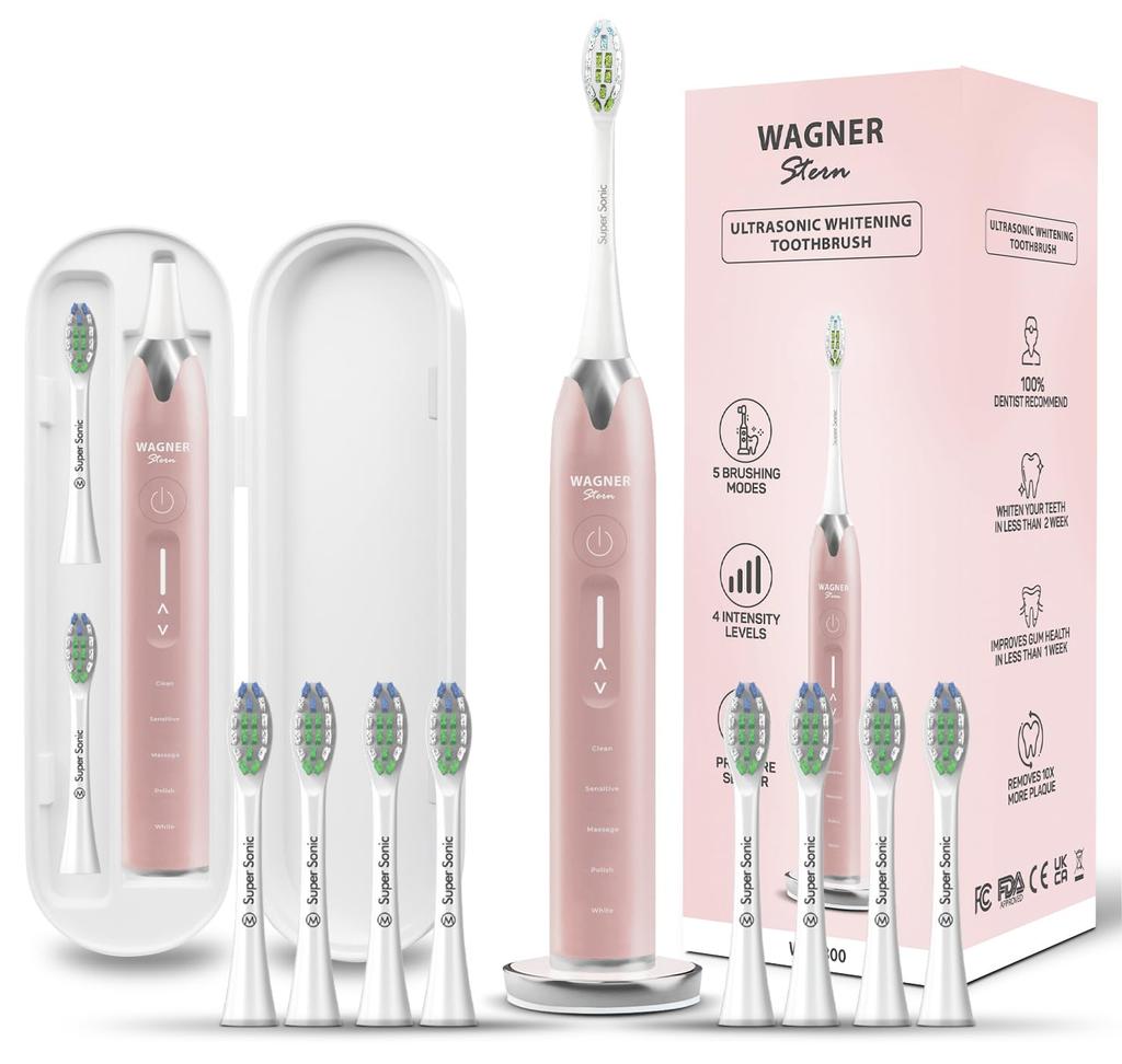Wagner Stern Ultrasonic Whitening Toothbrush with Pressure 5 Brushing Modes and 4 Intensity 8 Soft and Travel Sensor, Levels, Bristles, Case.