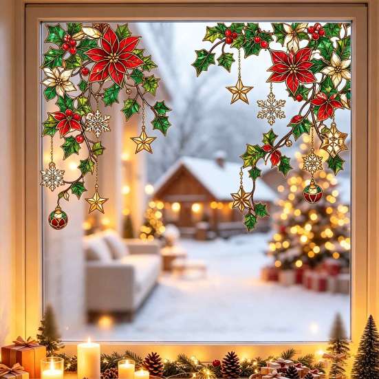 Removable Vinyl Window Decals 2Pcs Stained Glass Style Film, Hanging Vine Stickers, Christmas Weather Resistant Halloween Static Clings for