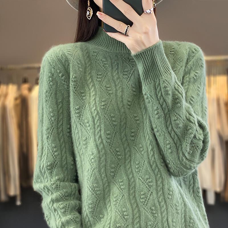 Premium Women's Thick Cable Knit Cashmere Mock Neck Sweater