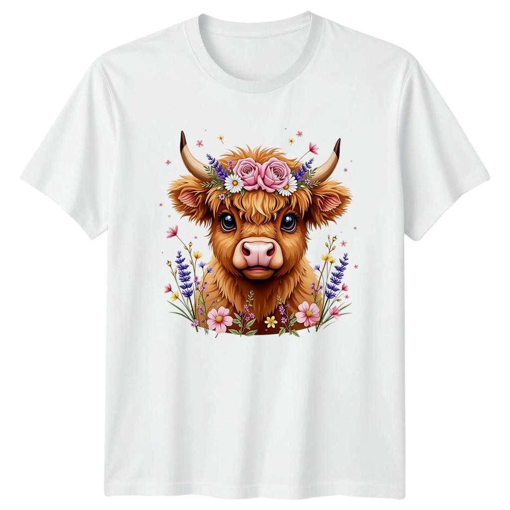 Cute Fluffy Highland Cow Wearing Floral Unisexs TShirt Cattle Birthday