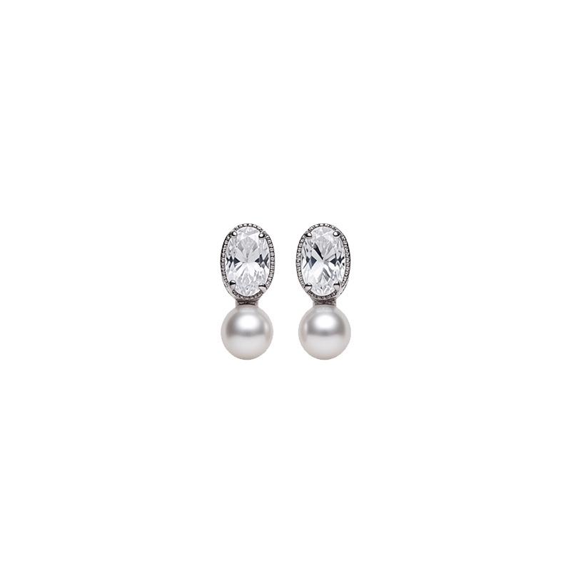 Silver Needle Luxury Zircon Pearl Oval Geometric Stud Earrings - Simple, Versatile, High-End Accessories