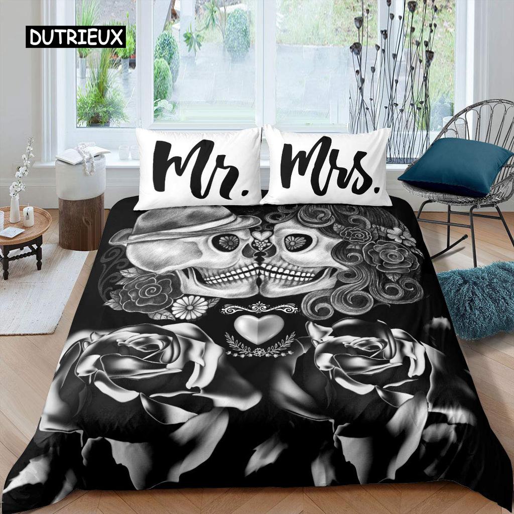 Sugar Skull Duvet Cover for Lover Sweetheart Roses Twin Bedding Set Microfiber Halloween Men Smoke Fog Horror Gothic Quilt Cover