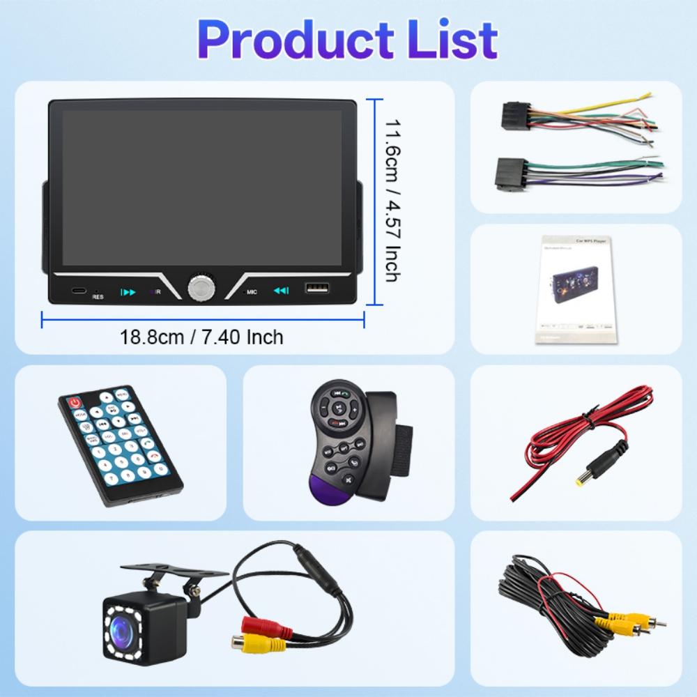 Multifunctional Car Radio 7 Inch IPS Touch Screen 1 Din Wireless Android Auto Carplay 7 Color Bluetooth Type-C Charging Mirror Link Stereo Playback