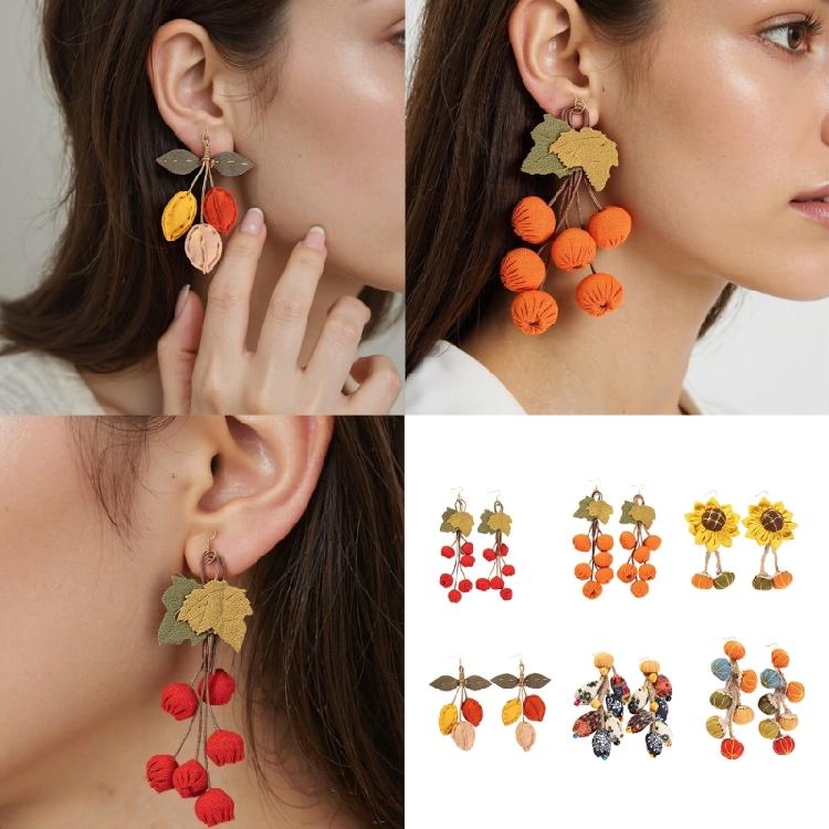 Elegant Autumn Earrings Handmade Fabric Pumpkin Sunflower Dangle Large Statement Portable for Trendy Women Casual Wear