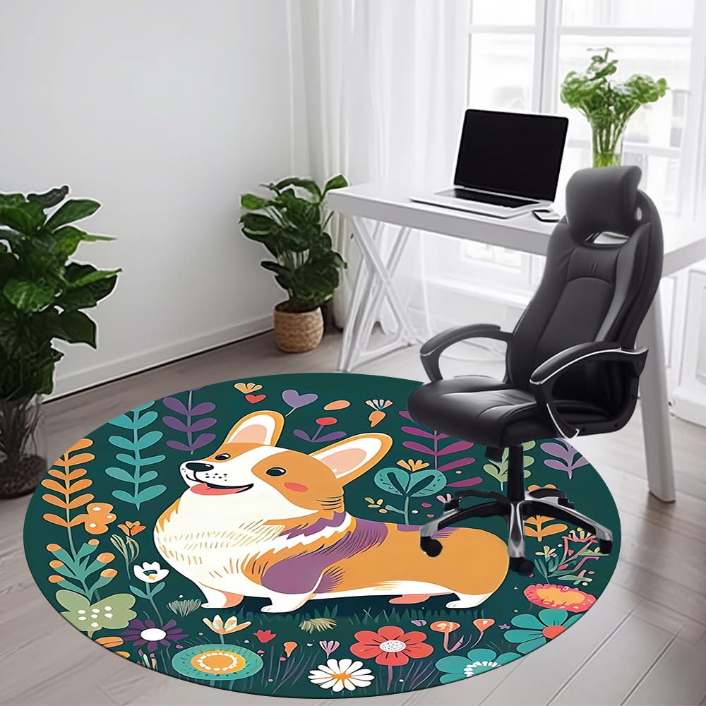 1pc Floral Corgi Office Round Area Rug, Under Office Chairs Bedroom Living Room Home Decor, Room Deco