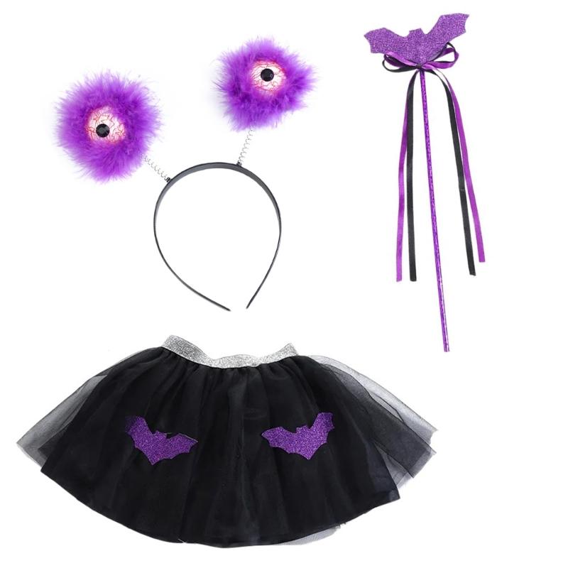 Bat Skirt Wand Eyeball Headband Halloween Costume Set Halloween Dress Up Set for Theme Party Cosplay