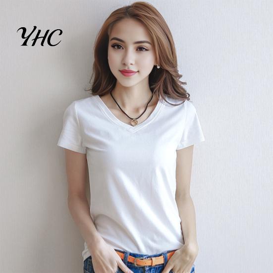 Round Neck Tee Women Summer T-shirt V-neck Short Sleeve Slim Fit Shirt Solid Color Pullover Tops Stretchy Bottoming Streetwear
