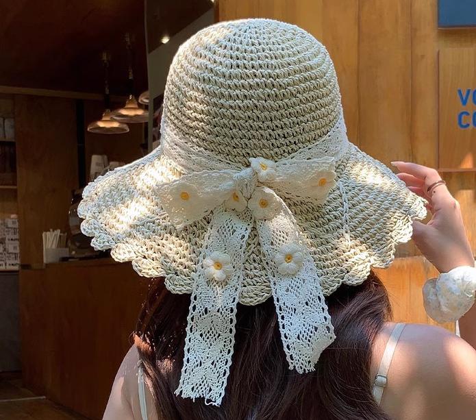 Summer Hats For Women Sun Hat Lace Ribbon Flower Sunhat Sunshade Foldable Beach Accessories Bucket Hat Female New