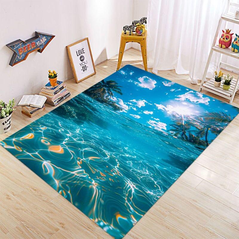 Ocean Water Wave Carpet Mat Rug 3D Effect Blue Sunlight Beach Non-Slip Durable Home Decoration Living Room Kids Room Floor Mat