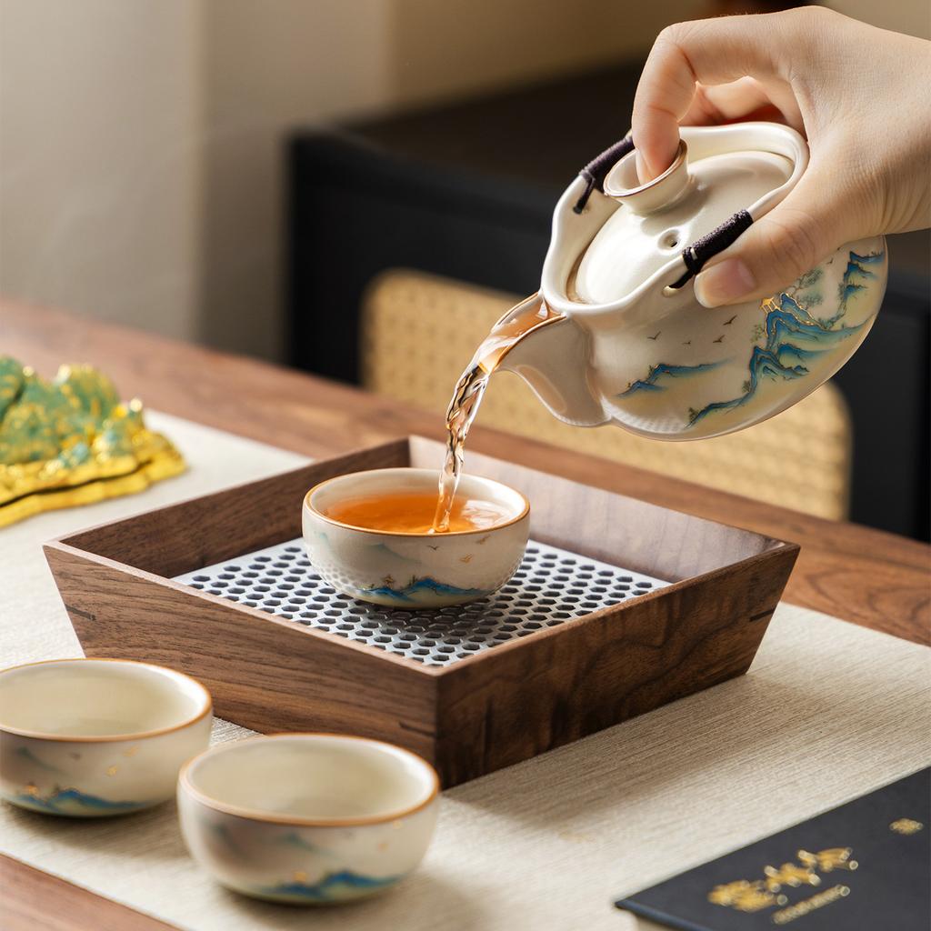 High-end Ru kiln new Qianli Jiangshan ceramic set tea set gift box, high-end souvenir gifts for leaders and elders