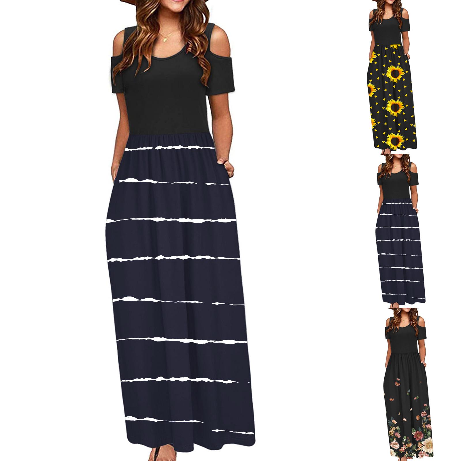 

Женское элегантное повседневное платье макси с короткими рукавами и карманами с открытыми плечами и цветочным принтом