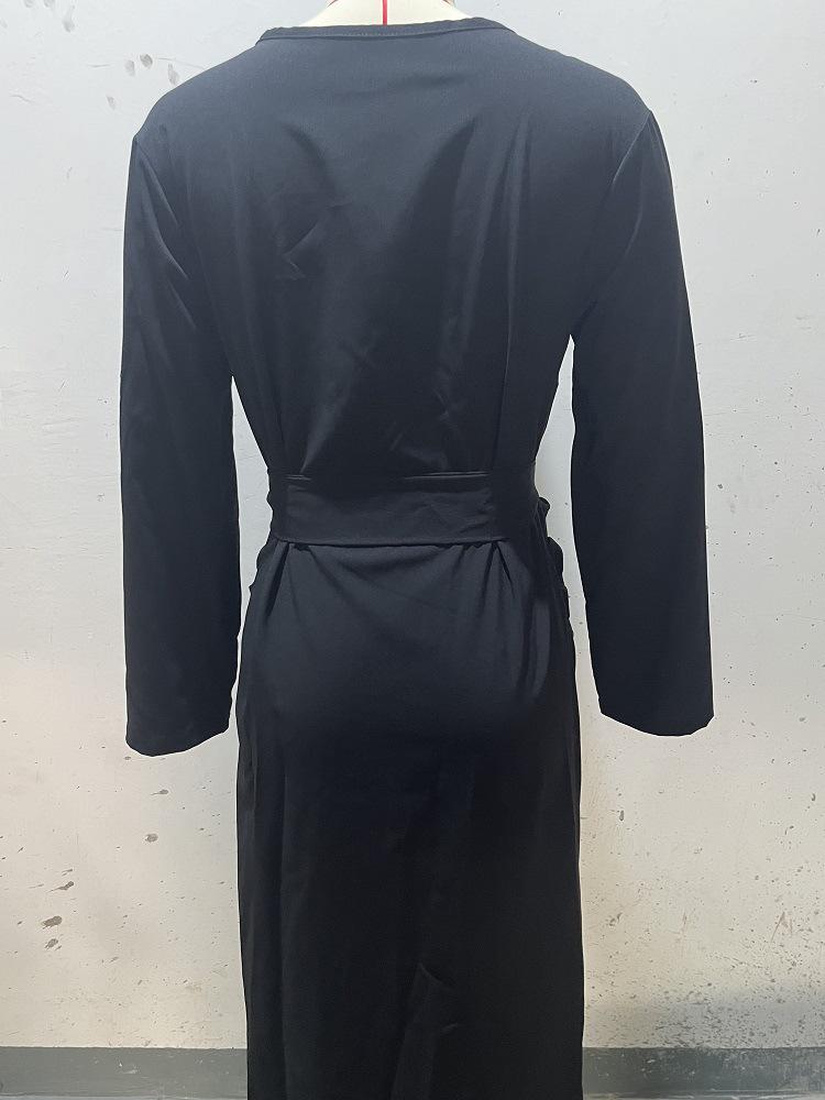 2024 Autumn Solid Color Lapel Waist Tie Slit Dress for Women
