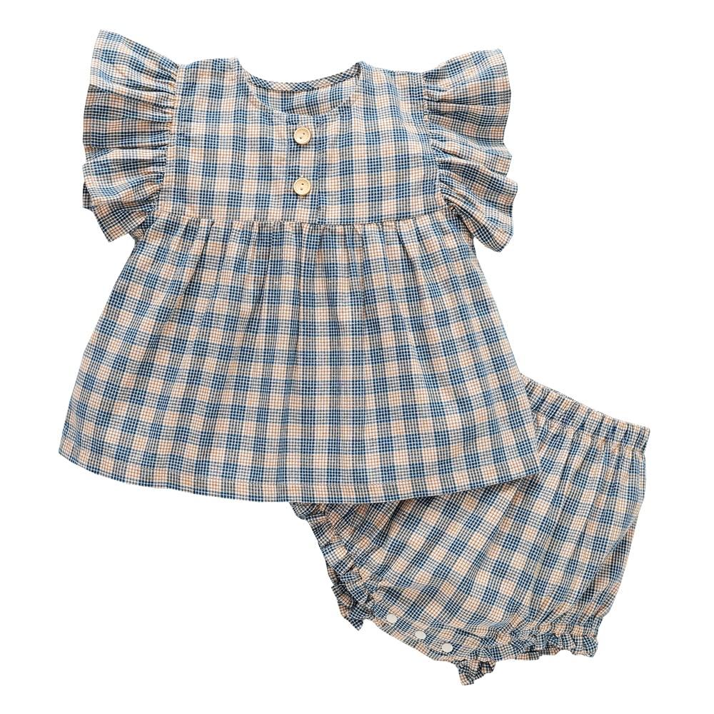 Baby nest Baby Shirt and Pants with Ruffle Summer Ages Girls' 2-Piece Set Sleeves, Clothes, 100% Cotton, Blue, 100cm, 2-3