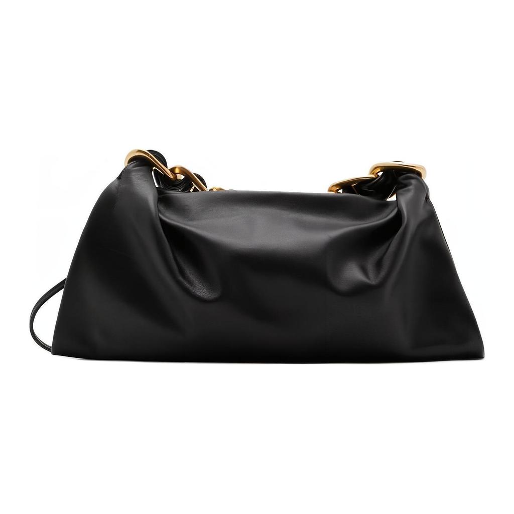 Burberry EKD Logo Chain Pouch Bag Black Genuine Leather Ruched Clutch Handbag for Women Daily Party Travel 80889831
