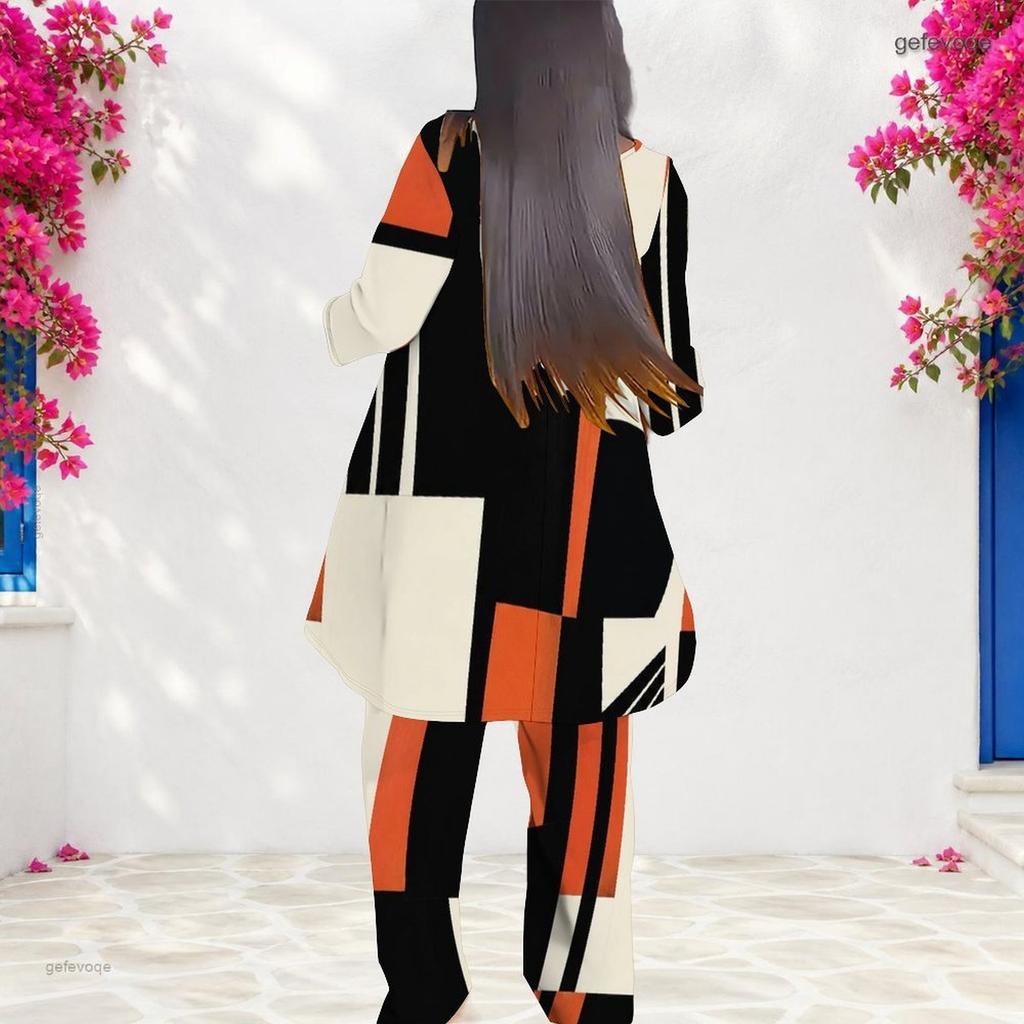 Women Plus Size Round Neck Long Sleeve Black White Orange Printed Asymmetrical Top And Long Pants Two Piece Set